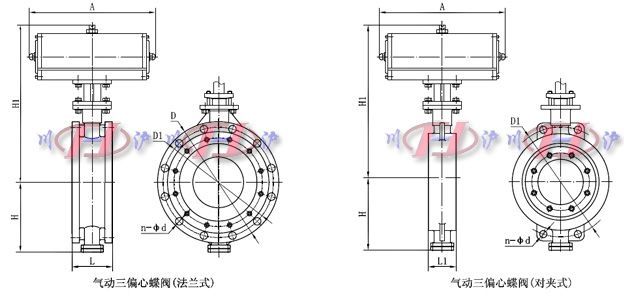 氣動三偏心蝶閥外形尺寸